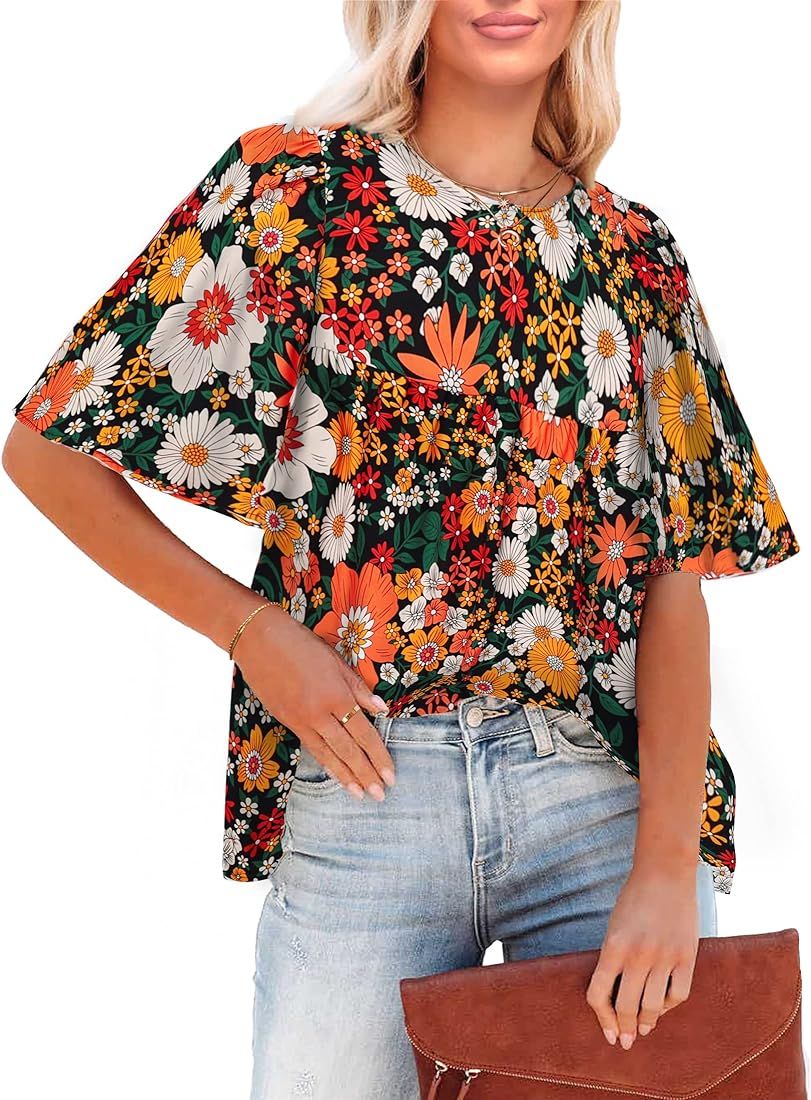 luvamia 2023 Blouses for Women Dressy Casual Floral Boho Babydoll Flowy Tops Summer Short Bell Sl... | Amazon (US)