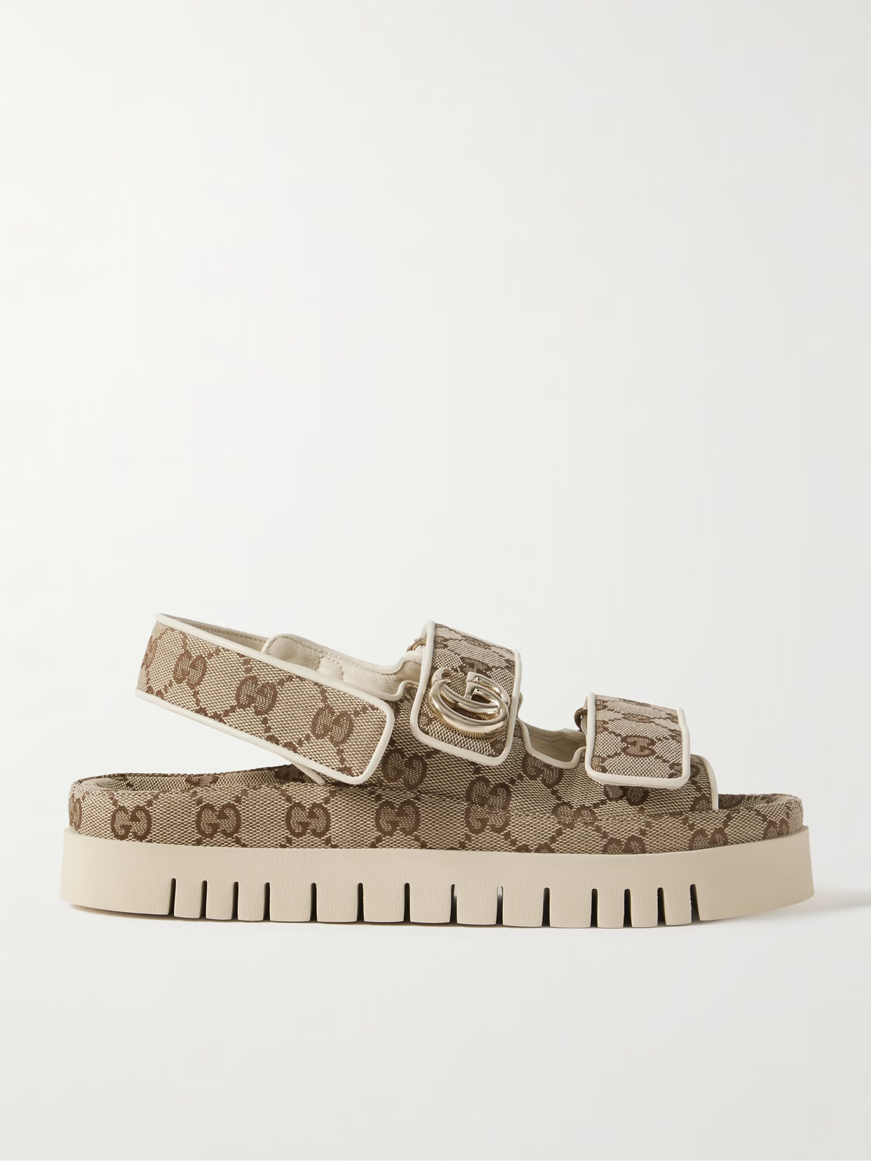 Gucci - New Marmont Leather-trimmed Embellished Canvas-jacquard Platform Sandals - Neutrals | NET-A-PORTER (US)