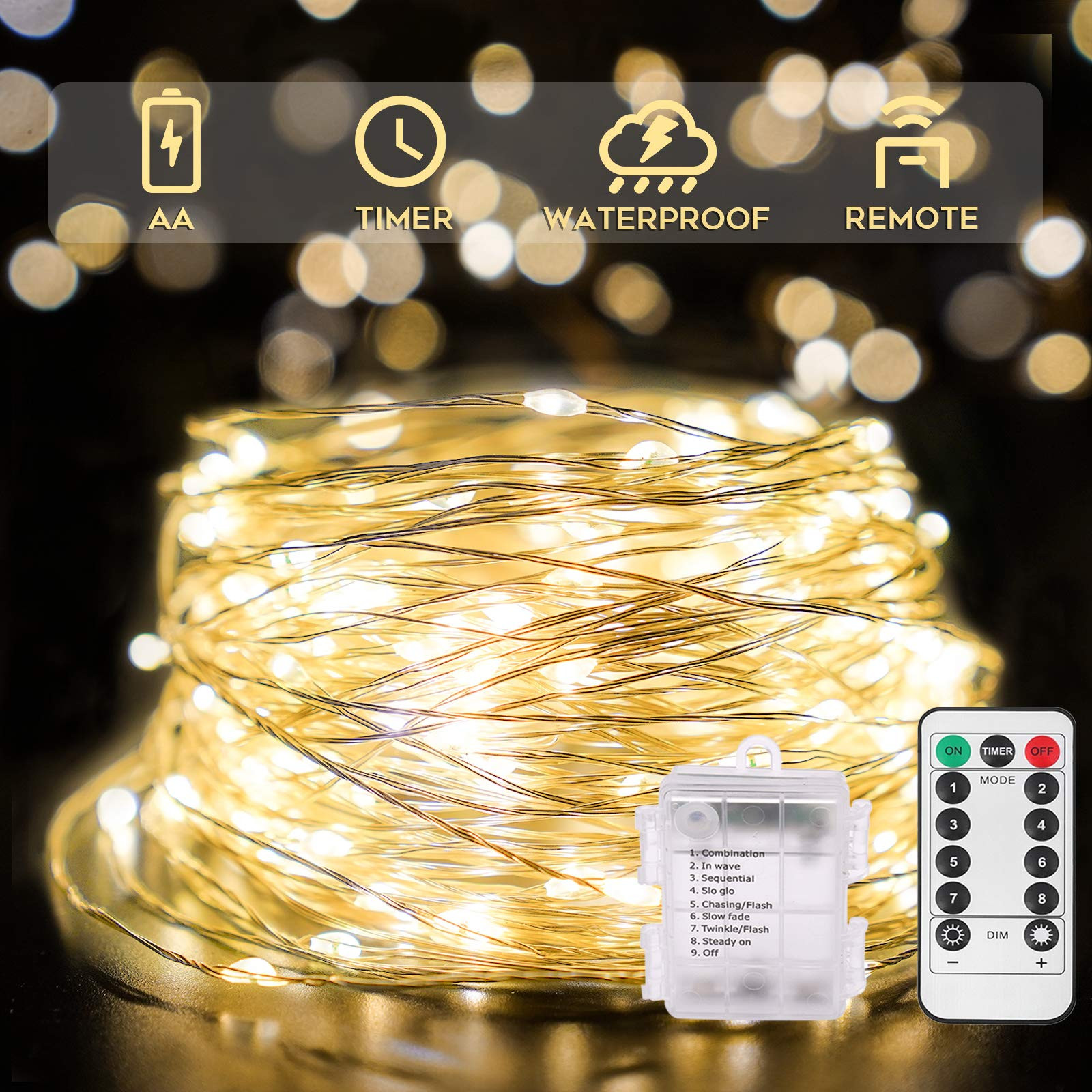 SUDDUS 66ft 200 LED Outdoor String Lights, Warm White Fairy Lights Battery Operated with Remote, ... | Amazon (US)