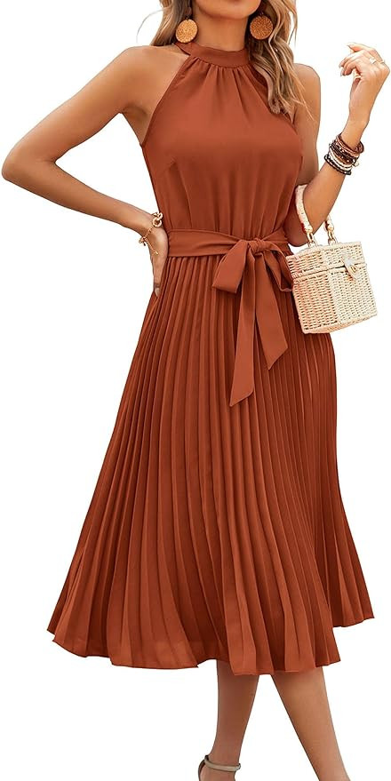 KIRUNDO Women's 2024 Summer Sleeveless Halter Neck Pleated Midi Cocktail Dresses A Line Flowy Bea... | Amazon (US)