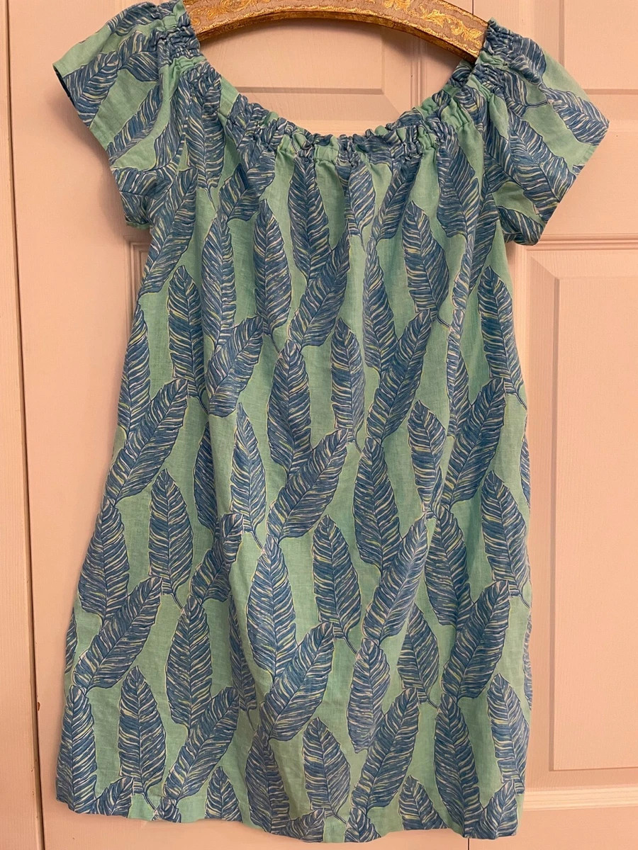 VINEYARD VINES Linen Blend Blue Green Palm Print Off Shoulder Dress Small | eBay US