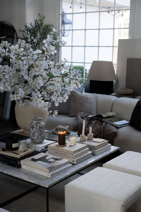 OMG I cannot get over this dreamy living room. The tall windows and soft neutral layers feel so light and airy, and those subtle blue accents add the prettiest hint of color. I am obsessed with the cozy textures, stacked books, and fresh florals. EEK this is my ultimate calm, elevated home vibe.  

 #LTKSpringSale #LTKSeasonal #LTKHome