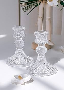 Taper Candle Holders Set of 2, Clear Glass Candlestick Holder Fit 0.8 Inch Candles, 4 Inch Tall C... | Amazon (US)