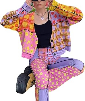 Womens Cropped Cardigan Sweater Argyle Long Sleeve Cherry V Neck Knit Button Up Sweaters Tops Shirts | Amazon (US)