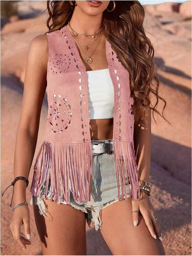 Women Boho Vest Coat Tassel Vest 70s Hippie Faux Suede Rivets Sleeveless Fringe Waistcoat Open Fr... | SHEIN