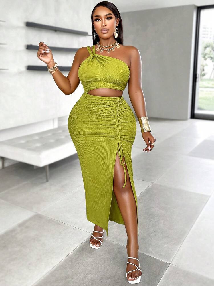 Women's Plus Size Sexy One Shoulder Twist Cut Out Tie-Front Ruched Split Thigh Vaction Dress | SHEIN