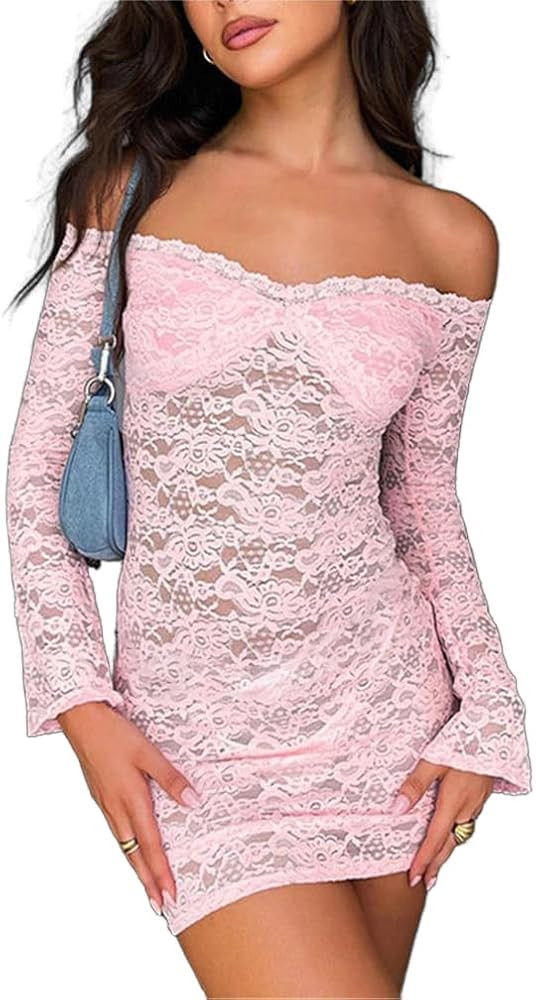Women Sexy See Through Floral Lace Bodycon Mini Dress Y2k Skinny Long Sleeve Off Shoulder Mesh La... | Amazon (US)