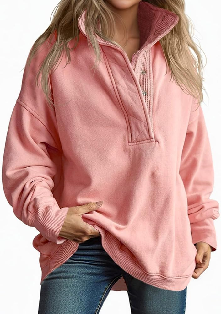 Fisoew Womens Oversized Sweatshirt Casual Snap Stand Collar Long Sleeve Pullover Tops Fall Travel... | Amazon (US)