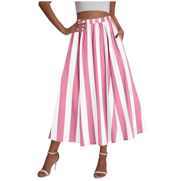 Ruimatai Women's High Waisted Striped Midi Skirt Elastic Waist Pocket Flowy A‑Line Skirt for Bo... | Walmart (US)