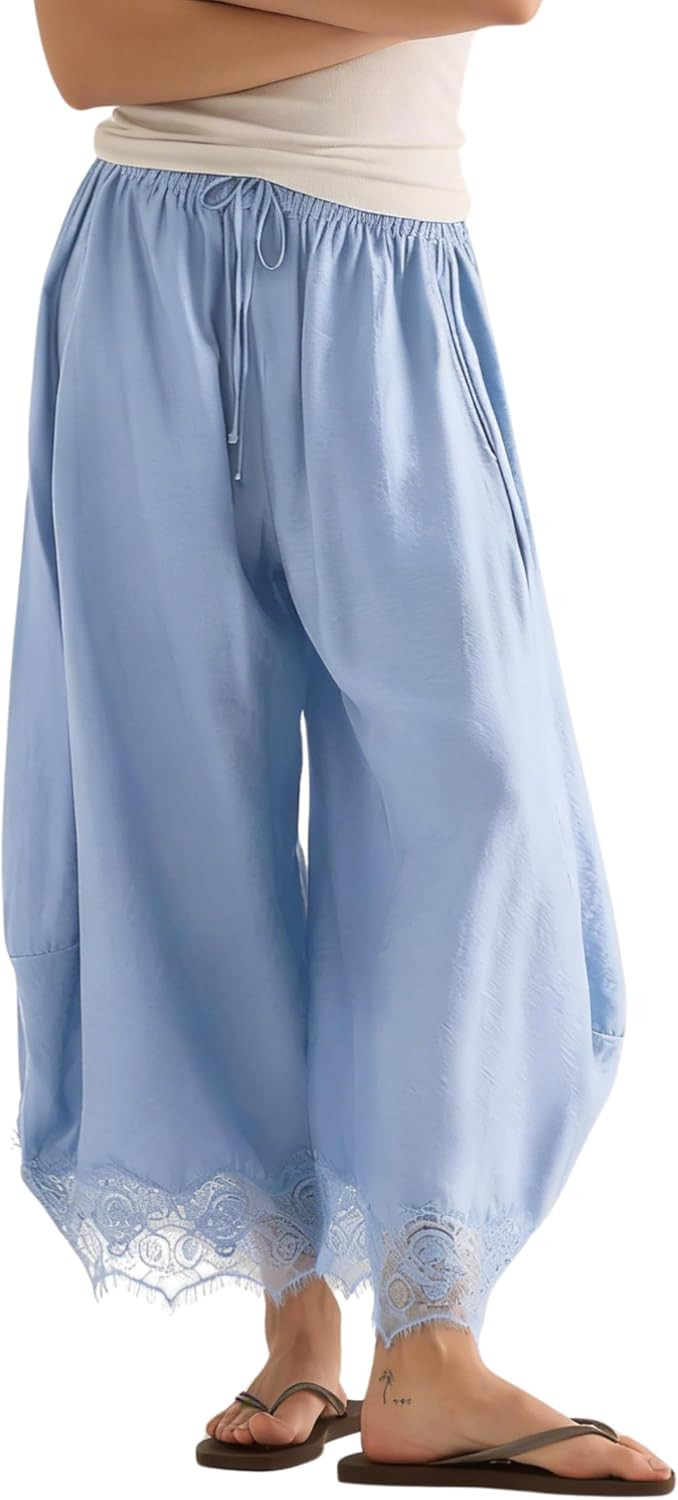 Women's Cropped Lace Hem Pants High Waist Drawstring Wide Leg Pants | Amazon (US)