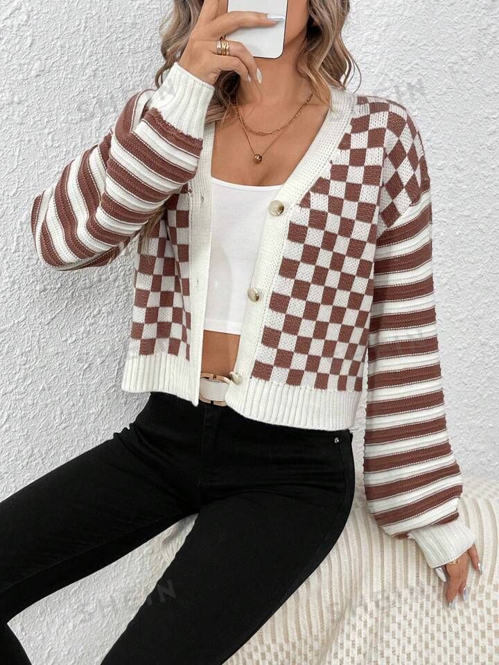 SHEIN Essnce Ladies' Checkerboard & Stripe Pattern Button Up Cardigan | SHEIN