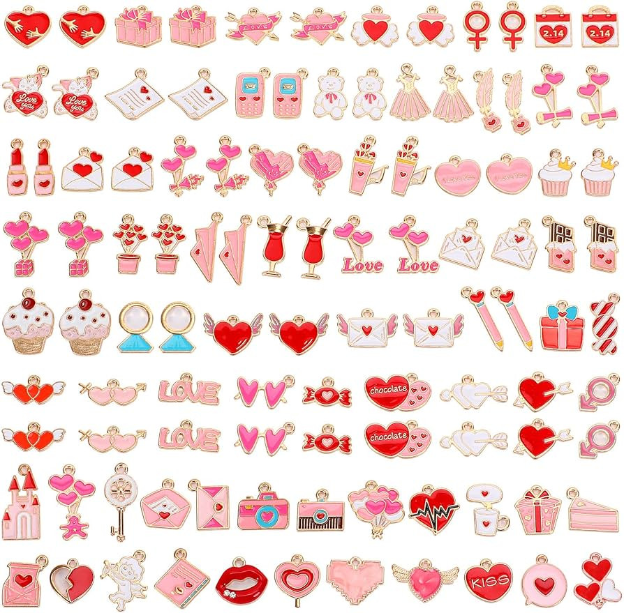 SANNIX 110Pcs Valentine's Day Charms Gold Enamel Jewelry Making Charm Pink Pendants for Valentine... | Amazon (US)