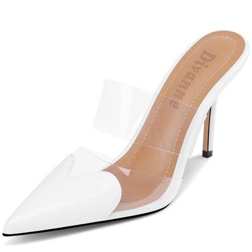Divanne Women's Heart Heeled Mules Pointed Toe Mule Pumps High Heel Mules Slip On Clear Heeled Sandals-White-9M US | Amazon (US)