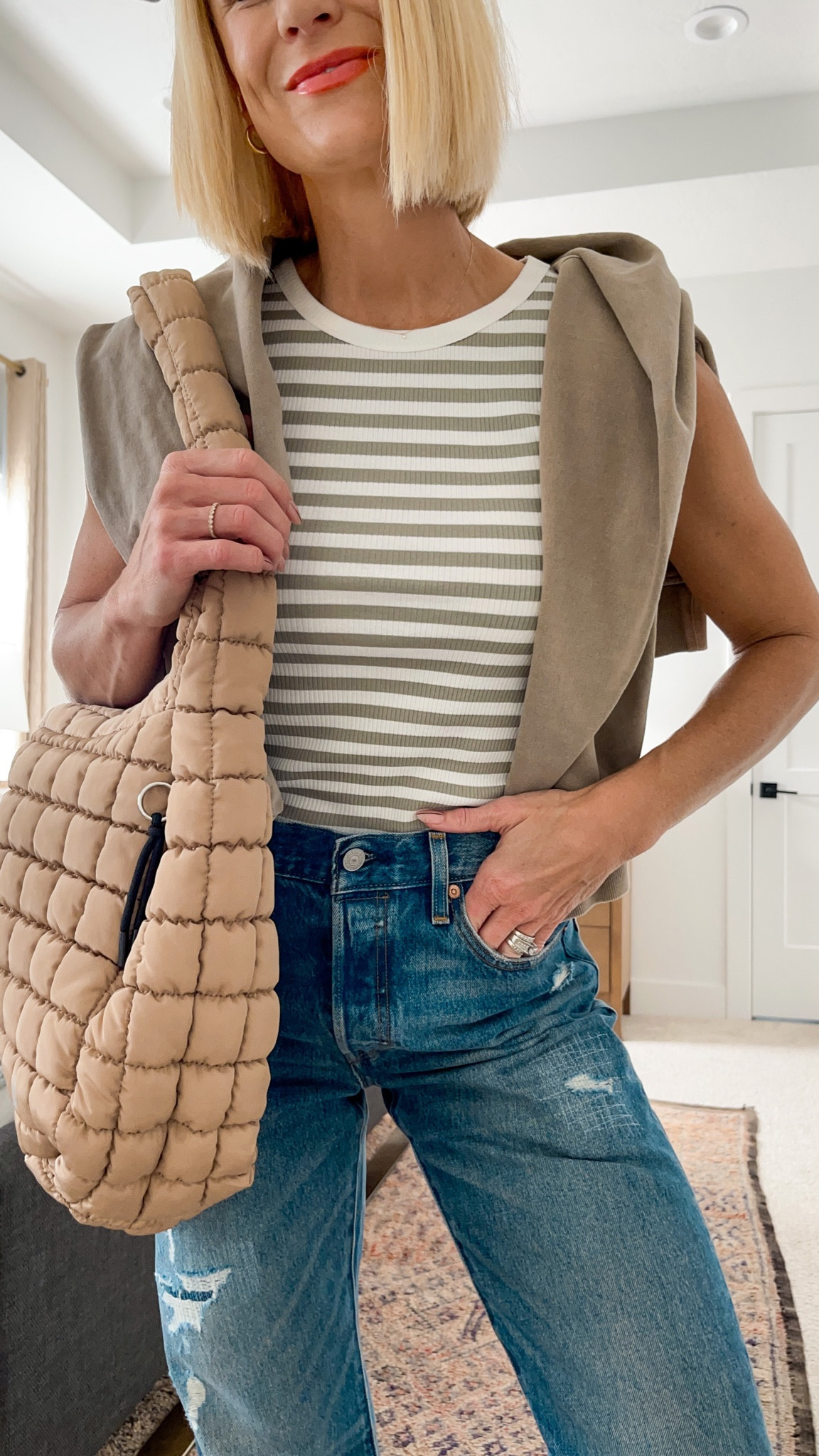 Simple Causal Fall outfit! 
Loving stripes, baggier jeans, clogs, and this quilted carry all bag.


#LTKstyletip #LTKover40 #LTKSeasonal