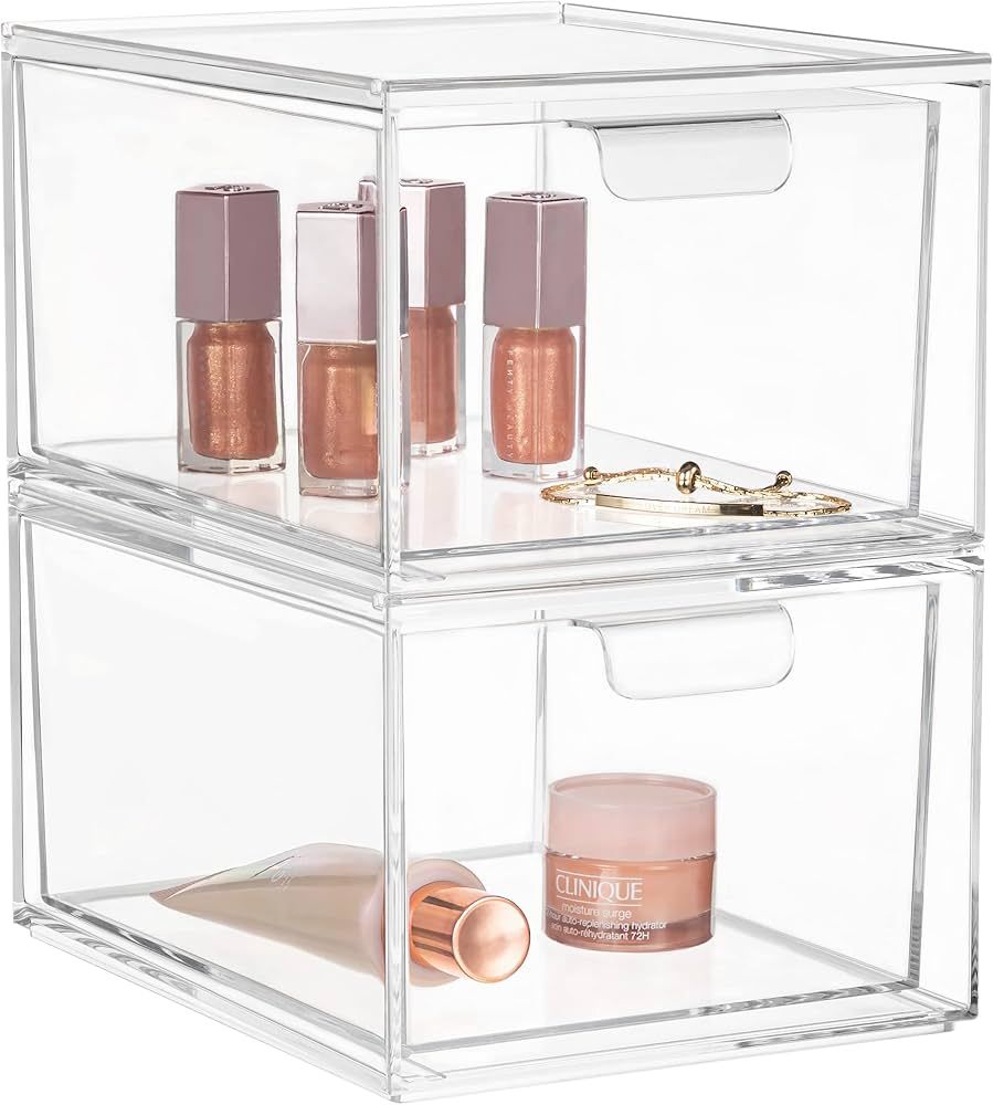 HBlife Pack of 2 Stackable Makeup Organizer Drawers Clear Plastic Bathroom Organizers Comestic Co... | Amazon (US)