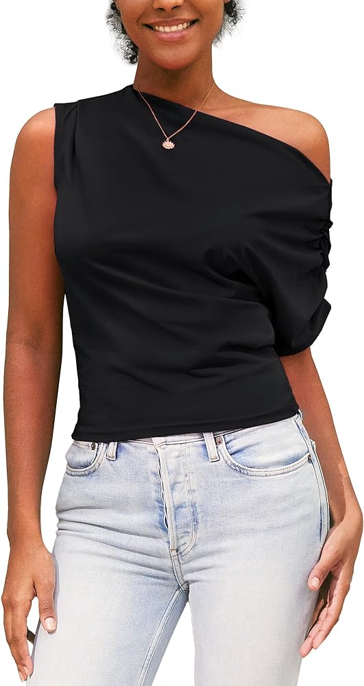 MIHOLL Womens Off Shoulder Tops 2024 Casual Sleeveless Shirt Ruched Slim Fit Sexy Cropped Blouse ... | Amazon (US)