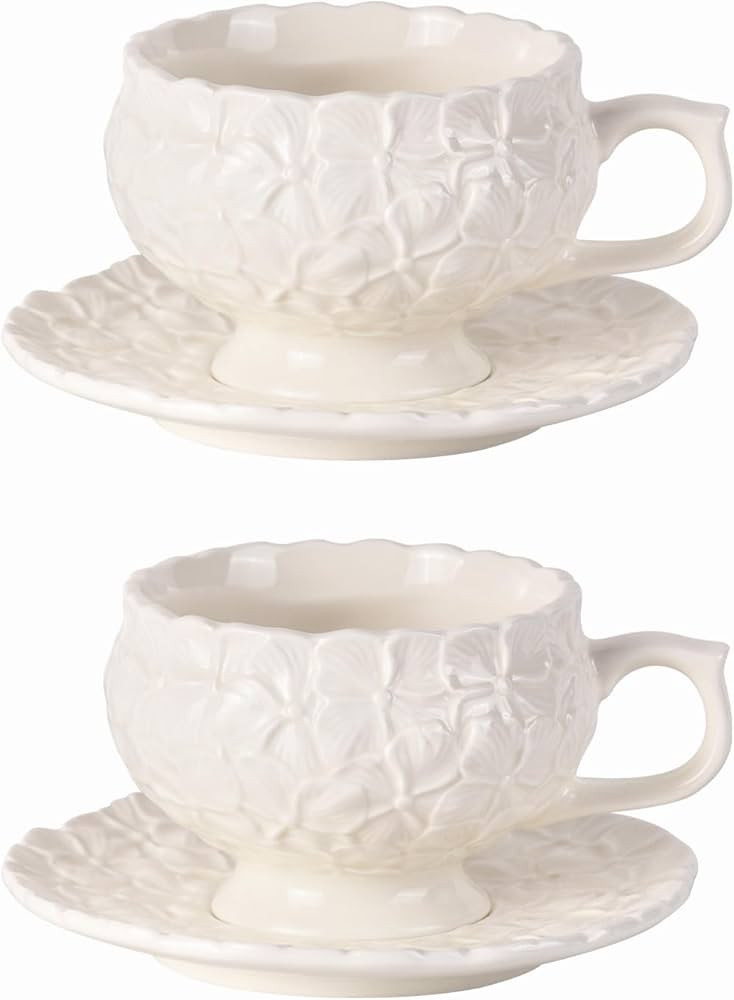 KAMMAK Tea Cups and Saucers Set of 2, Porcelain Coffee Cups, 8.5-Ounce Stackable Espresso Mugs, C... | Amazon (US)