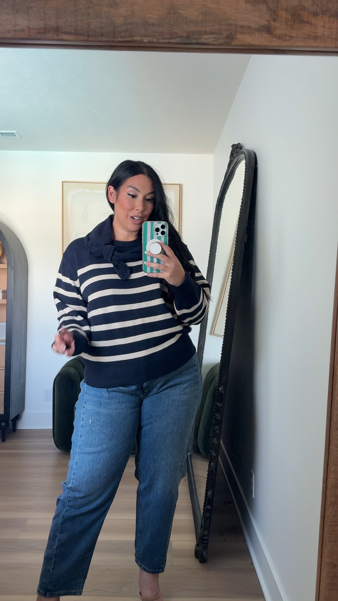 Love this scarf neck tie sweater moment! The denim is the same ones as the leopard print, so affordable lightweight and comfy! Wearing a XL! midsize, fall fashion, fall style, walmart skirt, plaid skirt, trending fall, affordable fashion, walmart fashion 

 #LTKSeasonal #LTKMidsize