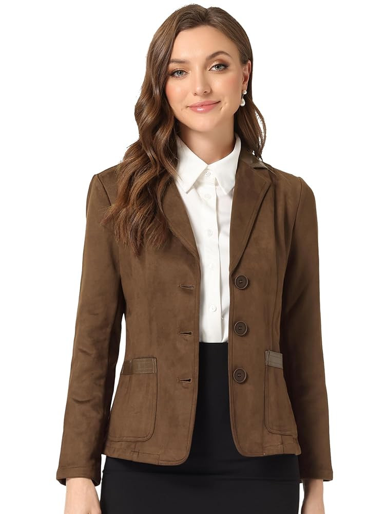 Allegra K Faux Suede Blazer for Women Lapel Collar Button Front Long Sleeve Jacket Casual Office ... | Amazon (US)