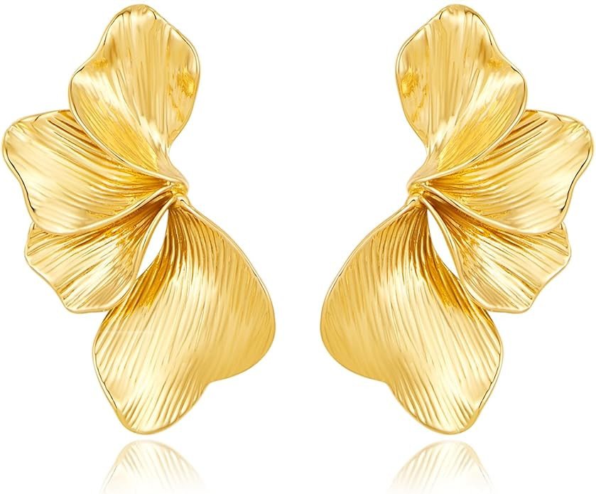 Statement Flower Studs Earrings for Women Gold Plated Flower Drop Earring Textured Chunky Floral ... | Amazon (US)