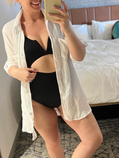 One piece swimsuit with white button up cover. Perfect for spring and summer pool parties! Linked my designer sunglasses! 

#LTKmidsize #LTKswim #LTKtravel