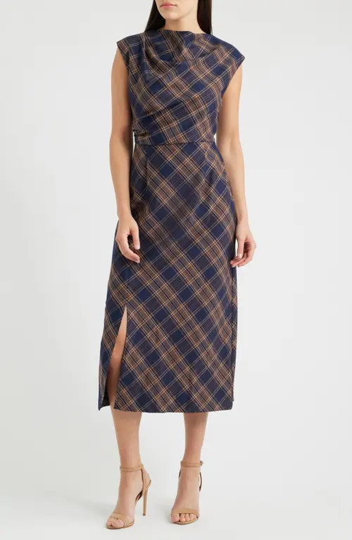 Julia Jordan Plaid Pleated Midi Dress in Navy Brown at Nordstrom, Size 8 | Nordstrom