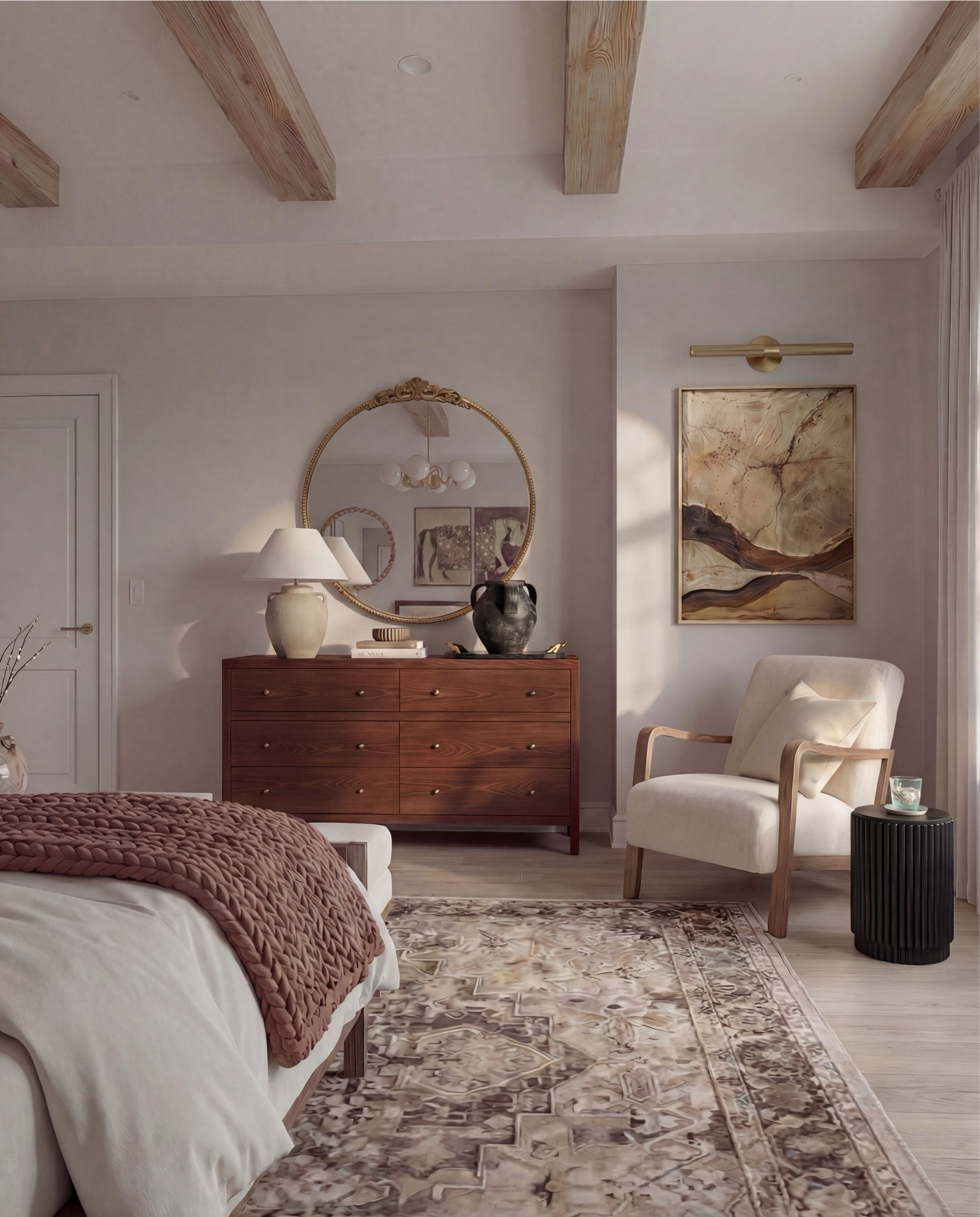 Shop the Look:• Wood platform bed frame with upholstered inset• White cotton duvet cover + layered neutral pillows• Terracotta patterned accent pillows• Chunky knit throw blanket (warm rust tone)• Neutral vintage-style area rug (beige and brown tones)• Upholstered bench with leather strap detail• Wood nightstands with brass hardware• Ceramic table lamps with linen shades• Brass chandelier with globe shades• Round gold-frame wall mirrors• Framed equestrian artwork set• Mid-century style wood dresser• Upholstered accent chair with wood arms• Round black fluted side table• Abstract neutral wall art with brass picture light• Large ceramic decorative vases

#LTKSaleAlert #LTKHome