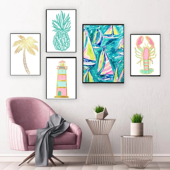 Palm Beach Decor Pink and Gold Decor Set of 5 Coastal Art | Etsy | Etsy (US)