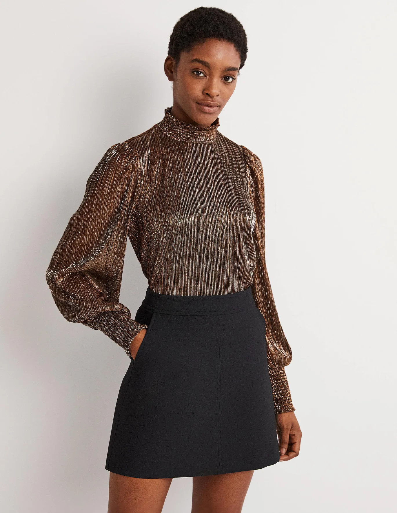 Smocked High Neck Top - Metallic Shimmer Plisse | Boden (US)