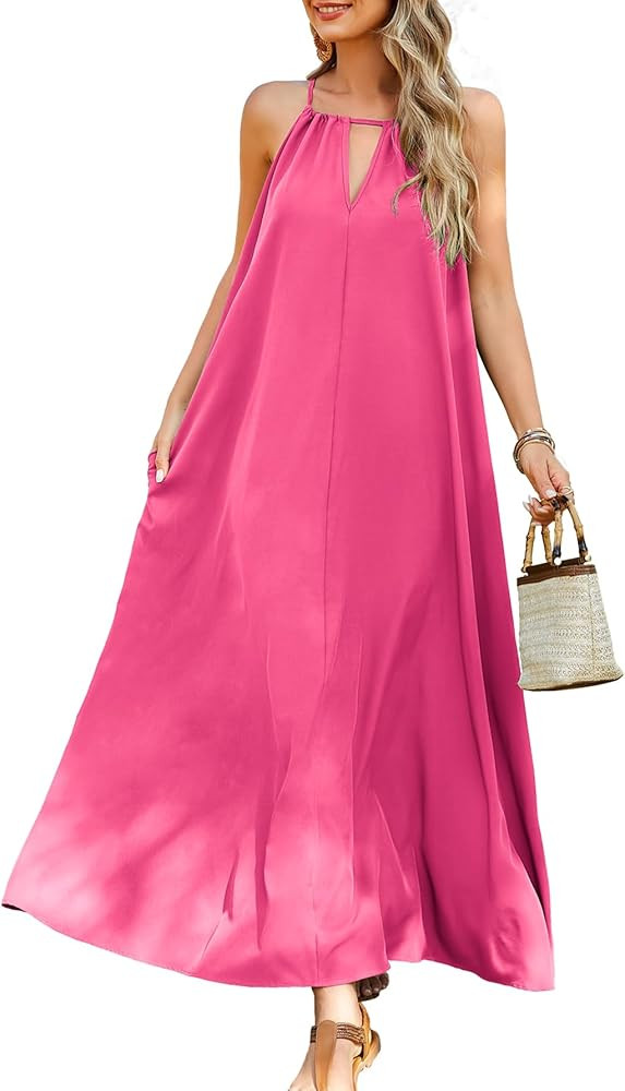 Kikibell Women's Halter Sleeveless Swing Flowy Maxi Summer Loose Pleated Long Sundress for Beach ... | Amazon (US)