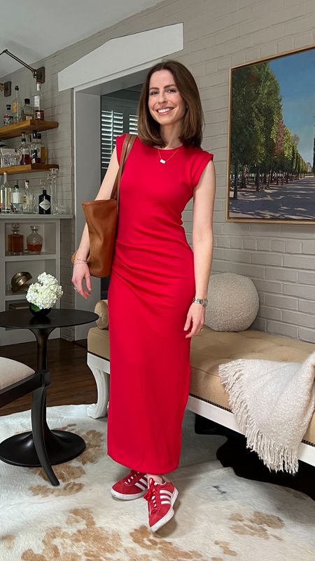 Red maxi dress Michael stars
Tan leather and suede tote
Red retro sneakers

Spring outfit idea

#LTKstyletip