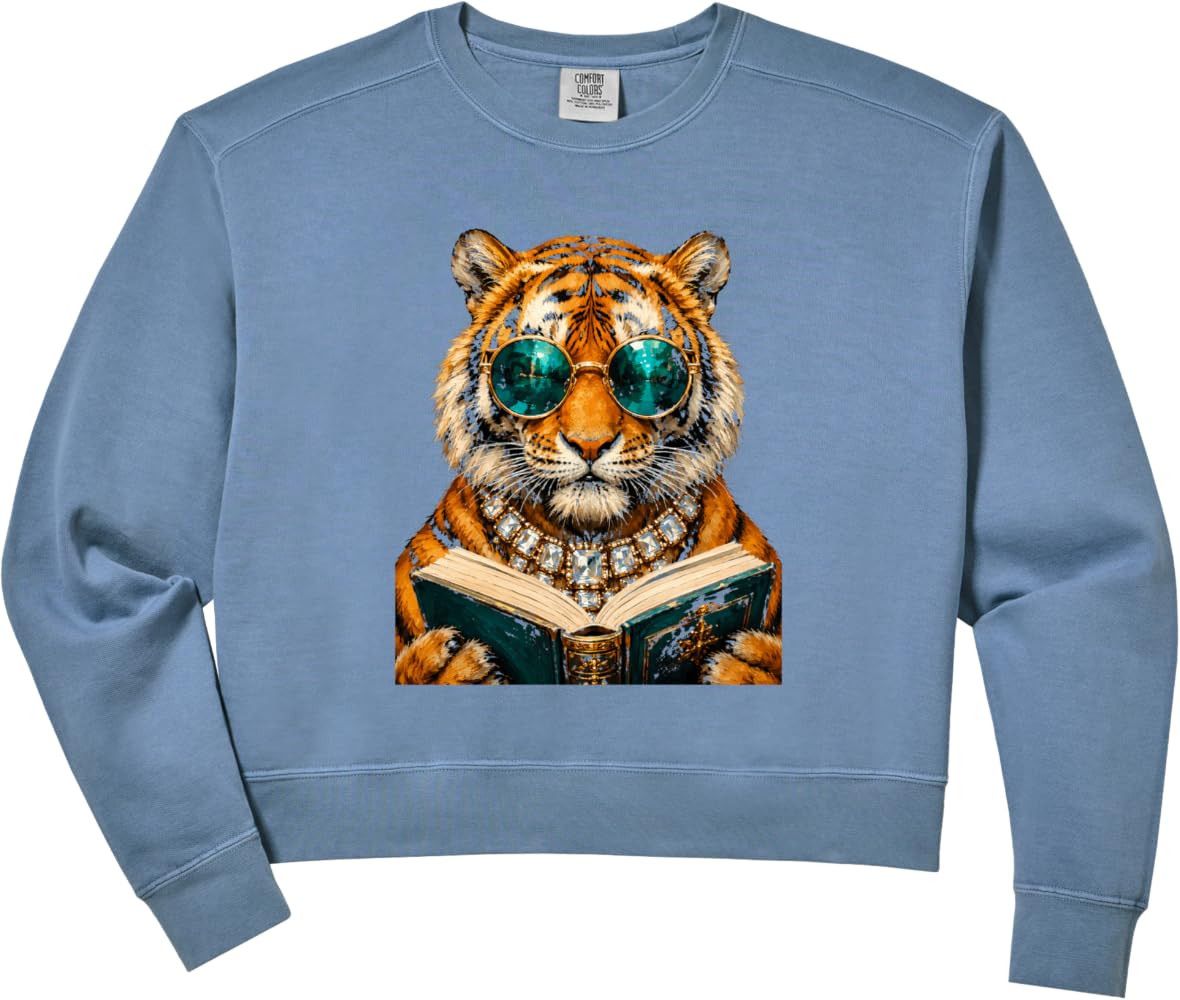 Women's Cool Tiger Wearing Sunglasses Reading Book Minimalist Comfort Colors Crop Sweatshirt | Amazon (US)