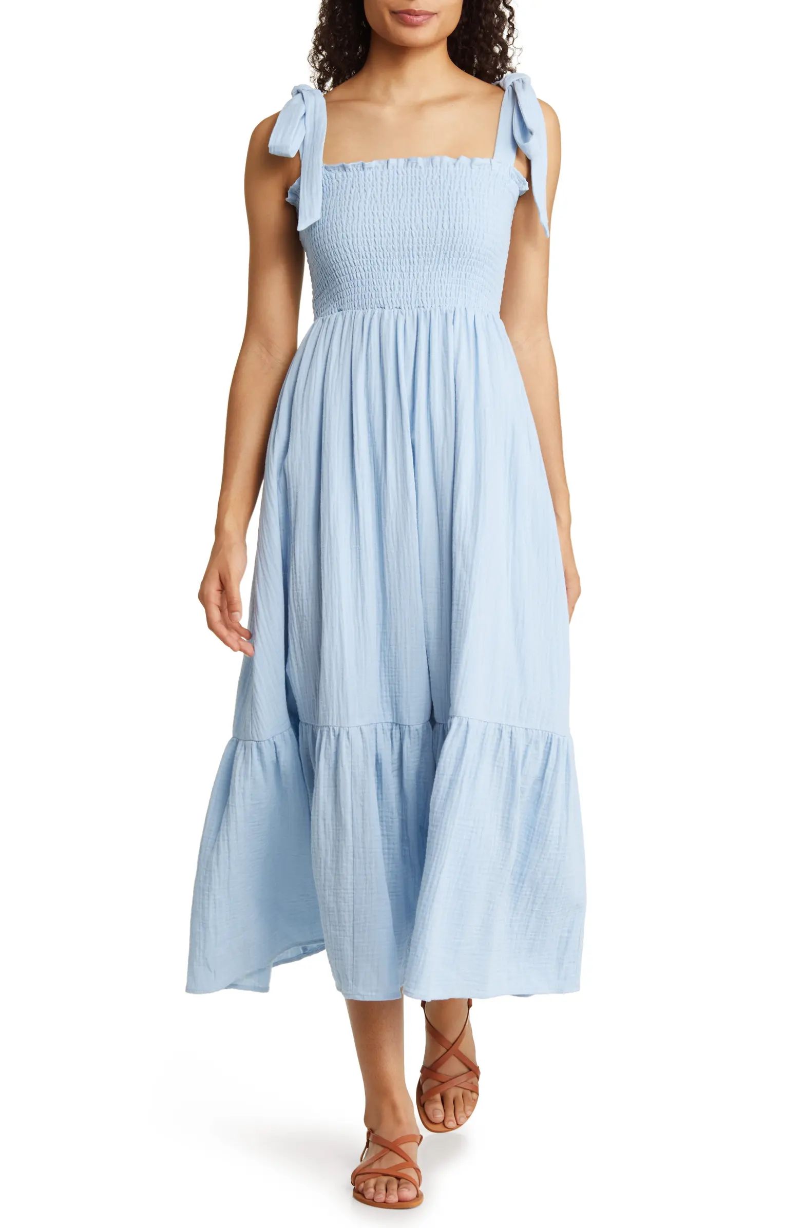 Smocked Tie Strap Cotton Gauze Midi Sundress | Nordstrom