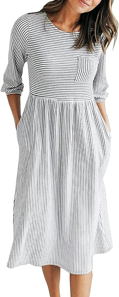 MEROKEETY Women's 3/4 Balloon Sleeve Striped High Waist T Shirt Midi Dress with Pockets | Amazon (US)