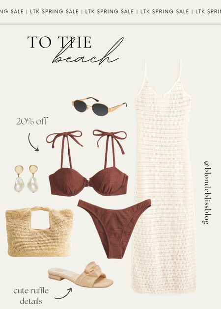 Beach vacation outfit idea that’s currently 20% off for the LTK Spring Sale! 🌴 Brown Biko paired with a net maxi dress, straw bag and ruffle sandals for a chic beach day look. 

#LTKswim #LTKSpringSale #LTKfindsunder100
