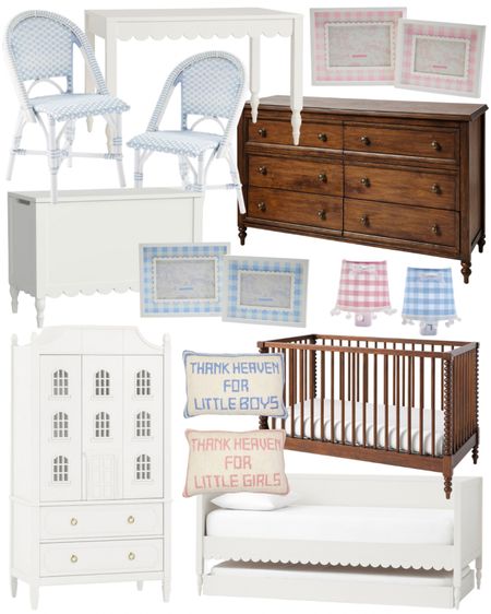 Nursery and kid’s room decor! Nursery decor, big girl room, big boy, room, baby girl, nursery, baby boy, nursery, nursery furniture, nursery in inspo, nursery, inspiration, scalloped bed, scalloped table, scalloped toy, chest, dollhouse, gingham, picture frame, turned wood crib, turned wood dresser, classic preppy style, Jenny, land, crab, blue and white chairs and embroidered pillows, toy chest playroom southern style, Southern, Home, grandmillennial, and Style, coastal home

#LTKbump #LTKkids #LTKbaby