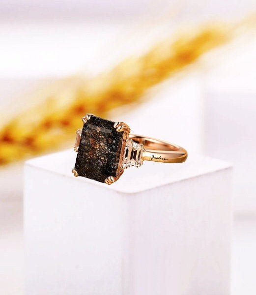 Emerald cut black quartz rutilated engagement ring vintage unique rose gold engagement ring for w... | Etsy (US)