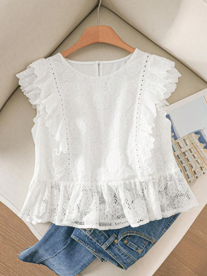 CosyJoli Plus Size Women Ruffled Sleeve Round Neck Top, Suitable For Summer | SHEIN