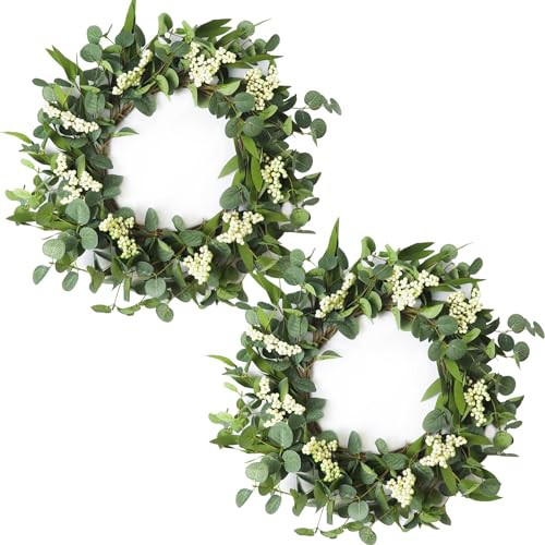 FENYUAN Wreaths for Front Door, 20" Artificial Eucalyptus Wreath with White Berry for Front Door Window Porch Wedding Farmhouse Garden Party Wedding Decor Spring Summer - Indoor/Outdoor 2 Pack | Amazon (US)