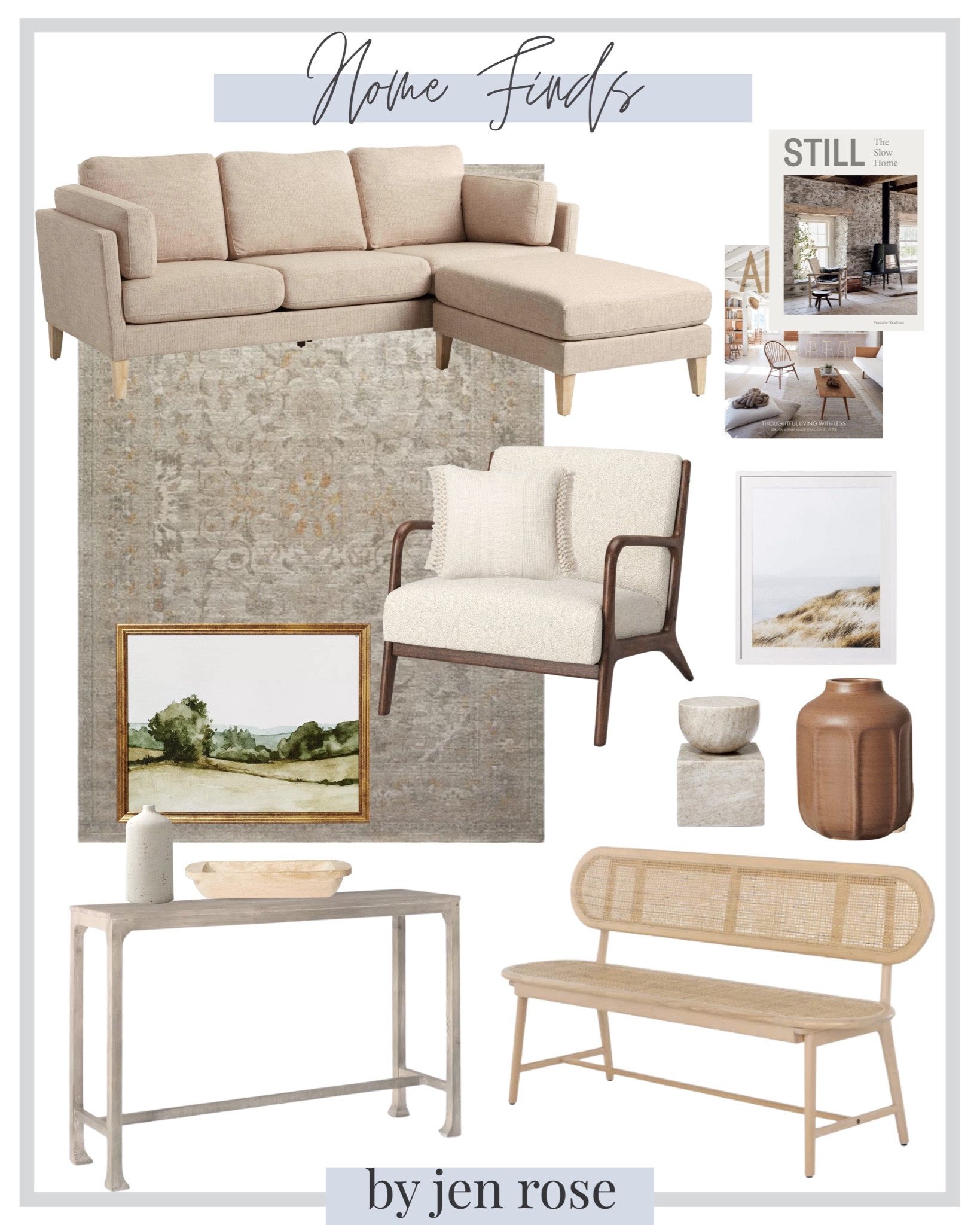home finds / neutral home finds / neutral style / wayfair sofa / wayfair rug / coffee table books / console table / wall art / home bench / accent chair / throw pillow / vases / catch all trey 

#LTKFind #LTKstyletip #LTKhome