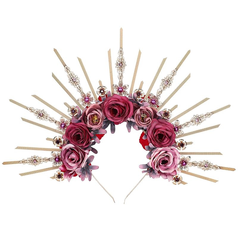 COSUCOS Flower Halo Crown Handmade Purple and Pink Rose Headpiece with Crystal Greek Gold Spiked ... | Amazon (US)