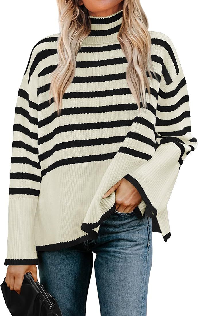 Women's 2023 Winter Sweaters Casual Turtleneck Long Sleeve Striped Side Slit Loose Pullover Sweat... | Amazon (US)