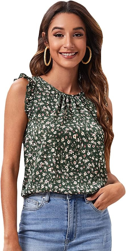 Milumia Women Boho Floral Print Pleated Round Neck Blouse Sleeveless Ruffle Trim Top | Amazon (US)