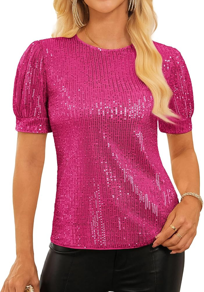 GRACE KARIN Womens Full Sequin Tops Sparkle Glitter Blouses Lantern Short Sleeve Shirts Dressy Pa... | Amazon (US)