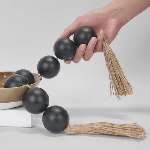 OMISHE Extra Large Wood Bead Garland with 2" Diameter Wooden Beads, 25.5" Long Rustic Farmhouse Decorative Wooden Beads Garland with Tassels, Boho Decorations for Home Table Mantle, Black | Amazon (US)