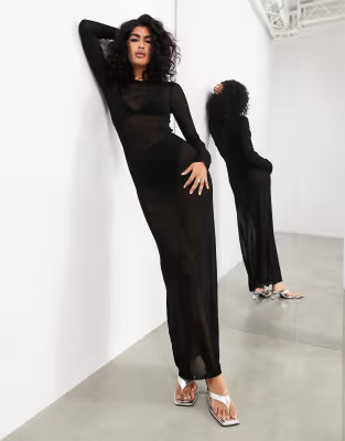 ASOS EDITION sheer knitted long sleeve maxi dress in black | ASOS (Global)