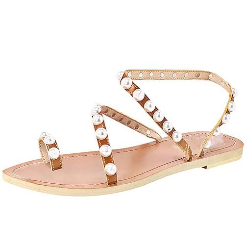 Jamron Women's Bohemia Pearls Toe Ring Sandals/Slippers Summer Flat Flip Flops Beach Shoes | Amazon (US)