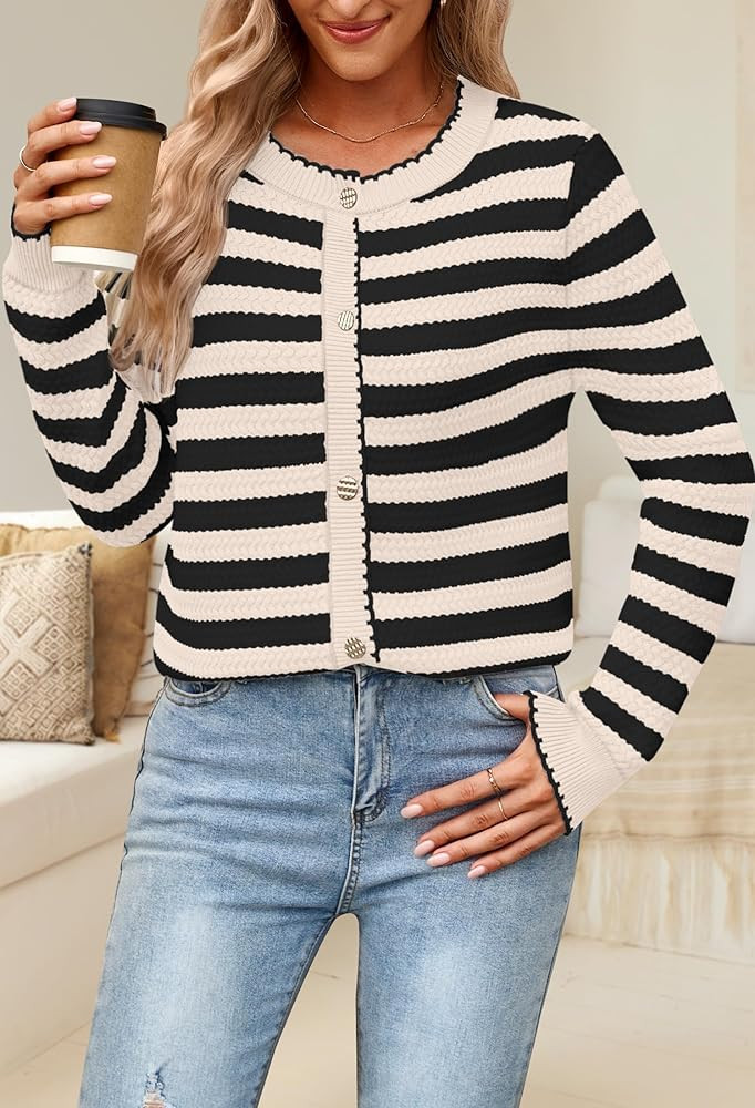 NENONA Women's Long Sleeve Striped Cardigan Sweaters Button Down Cable Knit 2024 Fall Classy Outw... | Amazon (US)