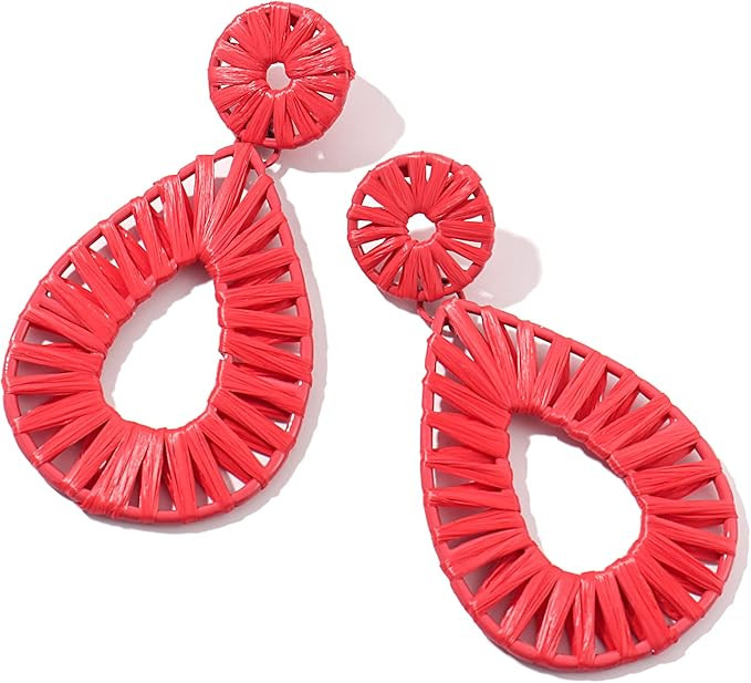 Boho Raffia Earrings Statement Teardrop Earrings Drop Dangle Bohemian Earrings for Women Cute Han... | Amazon (CA)