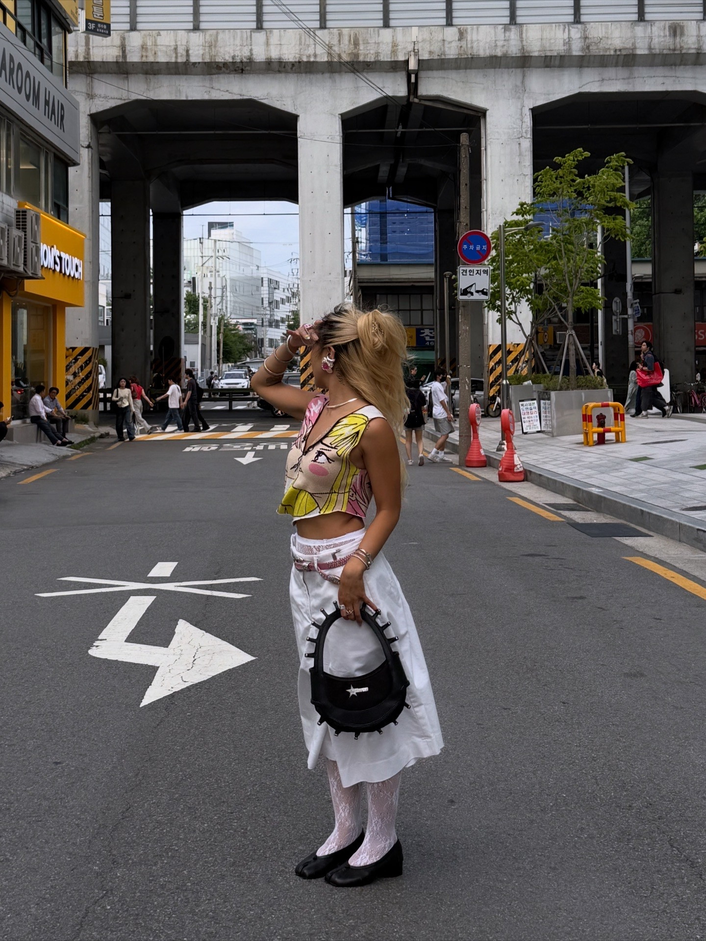 seongsuuuu w David Suh 💘 OUTFIT DETAILS - Earrings: flea market find (similar item linked), Top: 1XBLUE (similar item linked), Shorts: thrifted (similar item linked), Lace Tights: locally sourced (similar item linked), Belt: thrifted (similar item linked), Bag: heaven by Marc Jacobs (similar item linked), Shoes: Maison Margiela 

 #LTKPetite #LTKStyleTip #LTKTravel